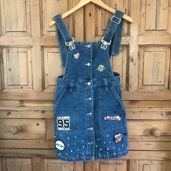 LaLaBoBo Jumper Denim Overall Dress Jean Girly Button Front Womens Size 25 Small - Picture 1 of 8